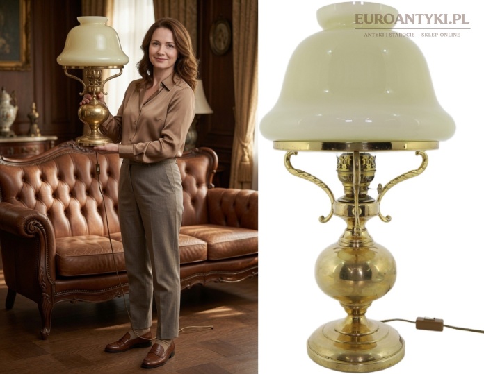 Mosiężna lampa naftowa przerobiona na elektryczną – vintage Kosmos Brenner